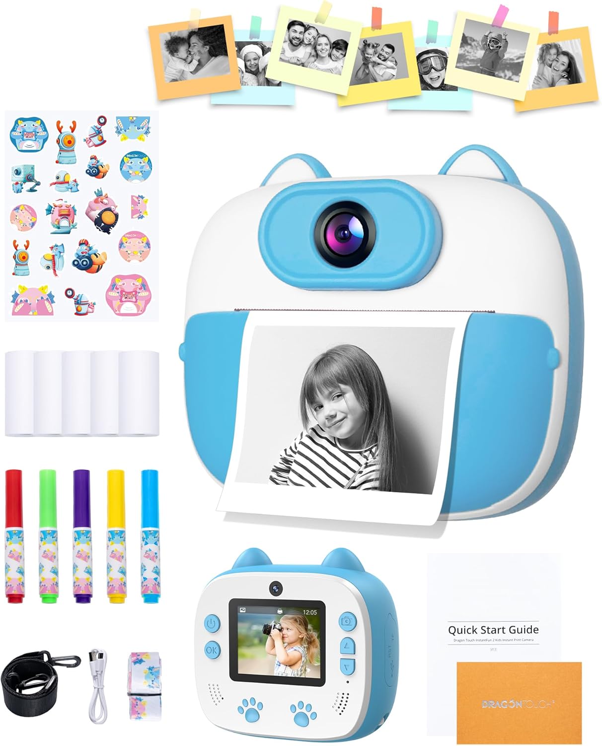 Dragon Touch Instant Print Camera for Kids, Digital Camera for Kids with Print Paper, with 1080P 2 Inch Color Screen, Selfie Video for 3-12(Blue)