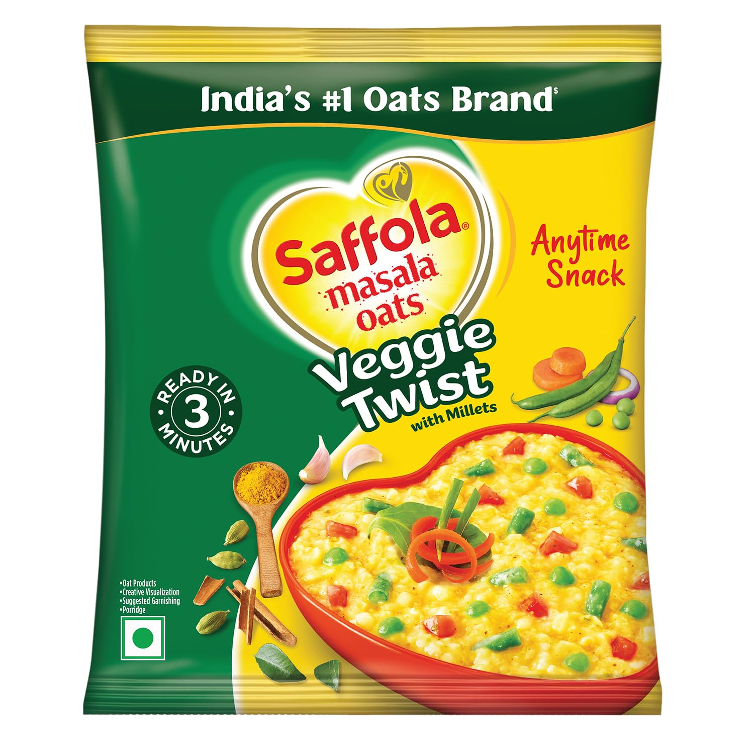 Saffola Spicy (Masala) Oats, Ready in 3 Minutes, 3 Different Flavors - Veggie Twist, Curry & Pepper, Masala and Coriander, Delicious Healthy Breakfast - Pack of 6 (2 Flavors Each)