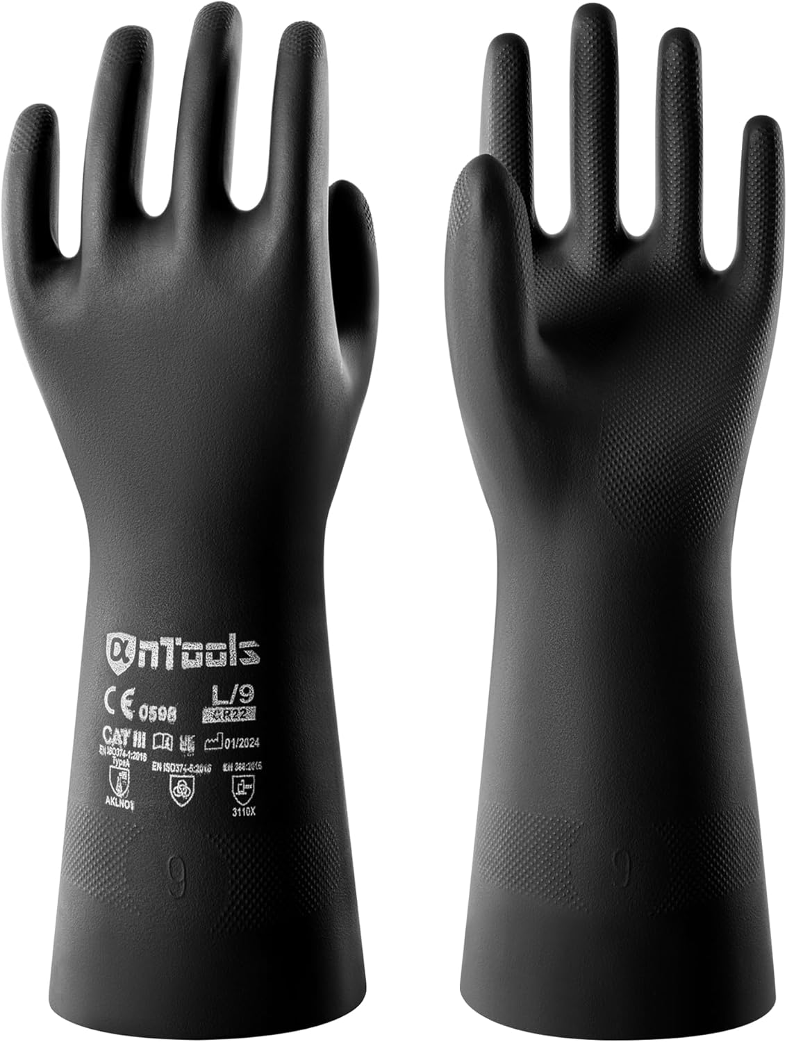 2 Pairs Heavy-Duty Chemical Resistant Rubber Gloves, Protective Industrial Gloves for Cleaning, Dishwashing, Resist Acid, Alkali, Hazmat, Black, Medium