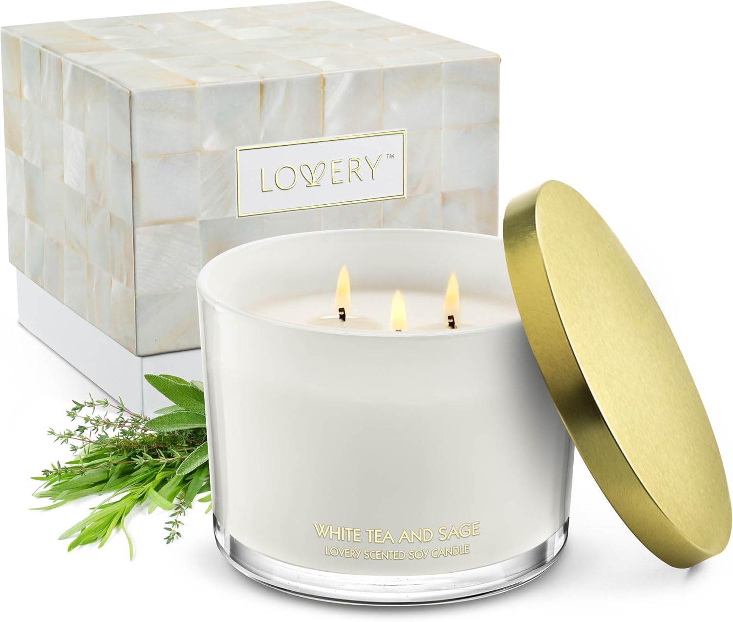 LOVERY Luxury White Tea & Sage Scented Soy Candle, 3 Wick, Large, Aromatherapy, Wedding & Home Gift