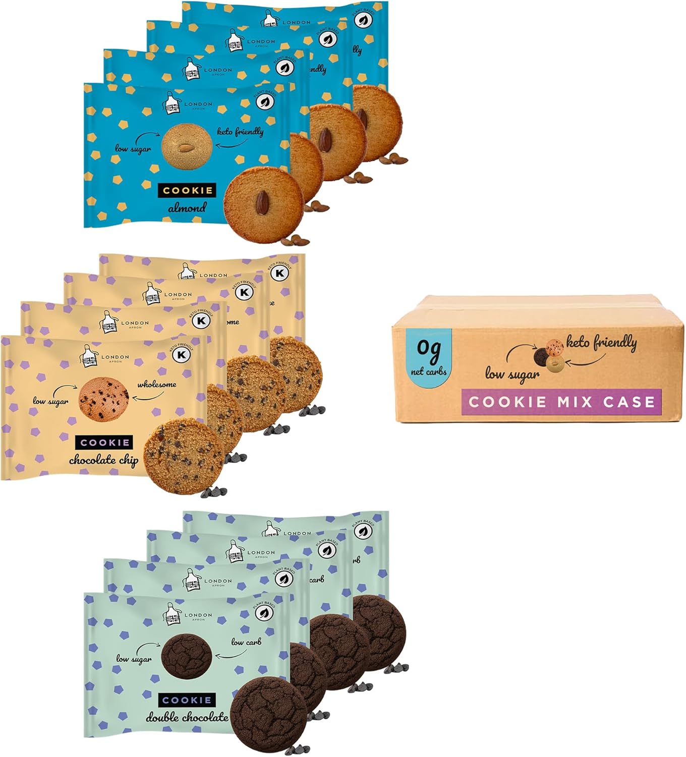 12 Mix London Apron Keto Cookies I 3 Flavours Double Chocolate, Almond and Choc Chip I 12x35g I 0g Net Carbs I Low Sugar I High Fibre I Dairy Free I Keto Snack I Gluten Free I High Protein I Vegan