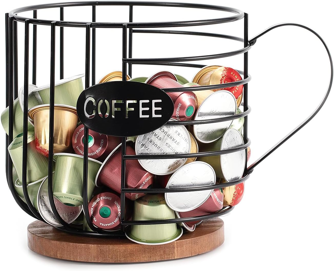 Coffee Pod Organizer, Counter Coffee Capsule Holder, Coffee Bar Accessories, Large Capacity Black Wire Kup Storage Basket with Wooden Base for Kitchen and Office