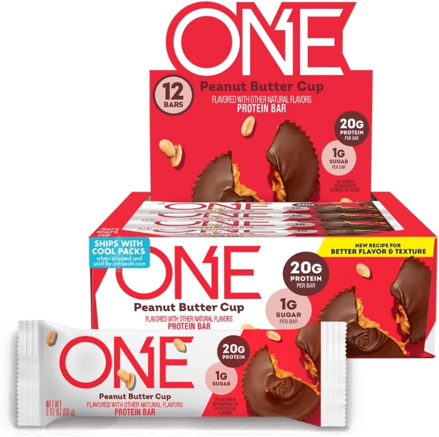 ONE Protein Bars, Peanut Butter Cup, Gluten Free with 20g Protein and 1g Sugar, Pantry Staples, 2.12 oz (12 Count)