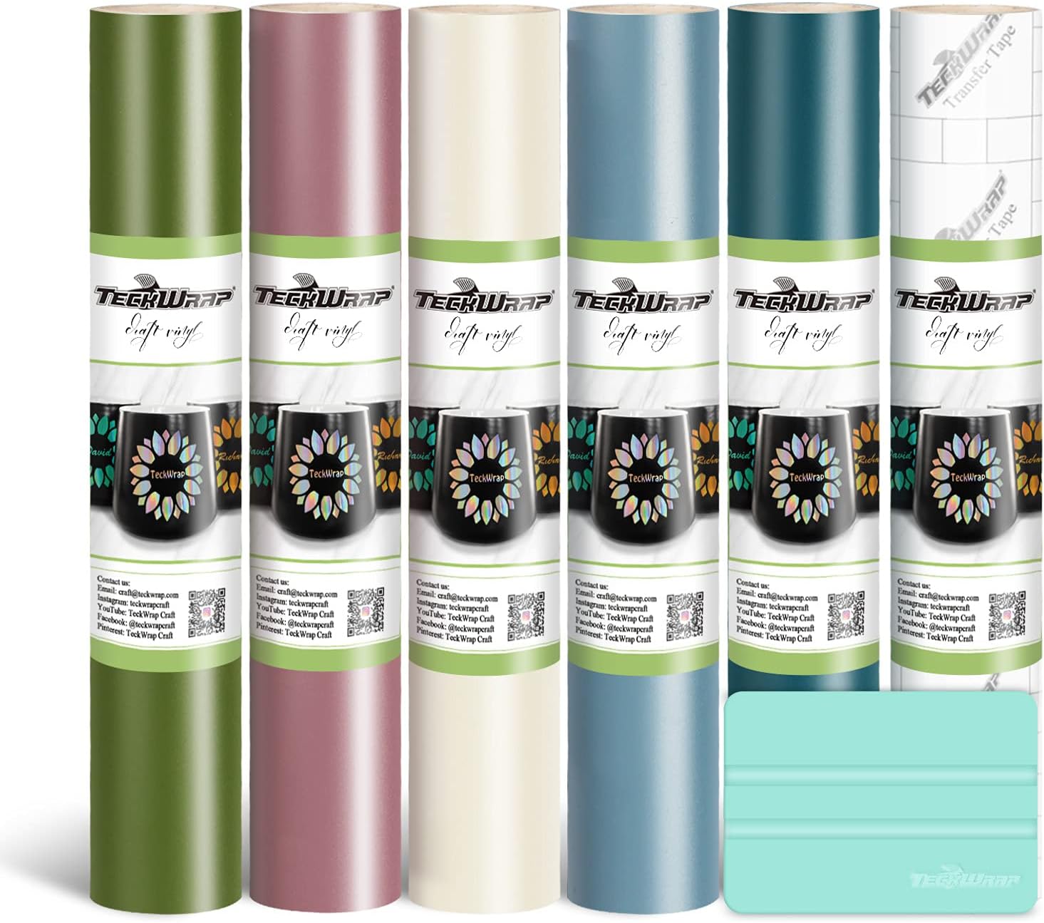 TECKWRAP Permanent Adhesive Vinyl Bundle for Crafting Cutter 12" x 36"/Rolls (Matte Olive,Rose Gold,Ivory White,Cobalt Blue,Teal)