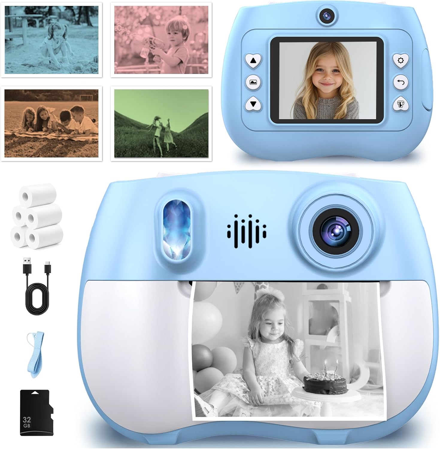 2025 Kids Camera Instant Print, 1080P HD Dual Lens - Video Digital Camera with 32GB & 5-Color Print Paper, DIY Instant Color Photo Printer Toys for Ages 3+, Christmas Birthday Gift for Girl Boy, Blue