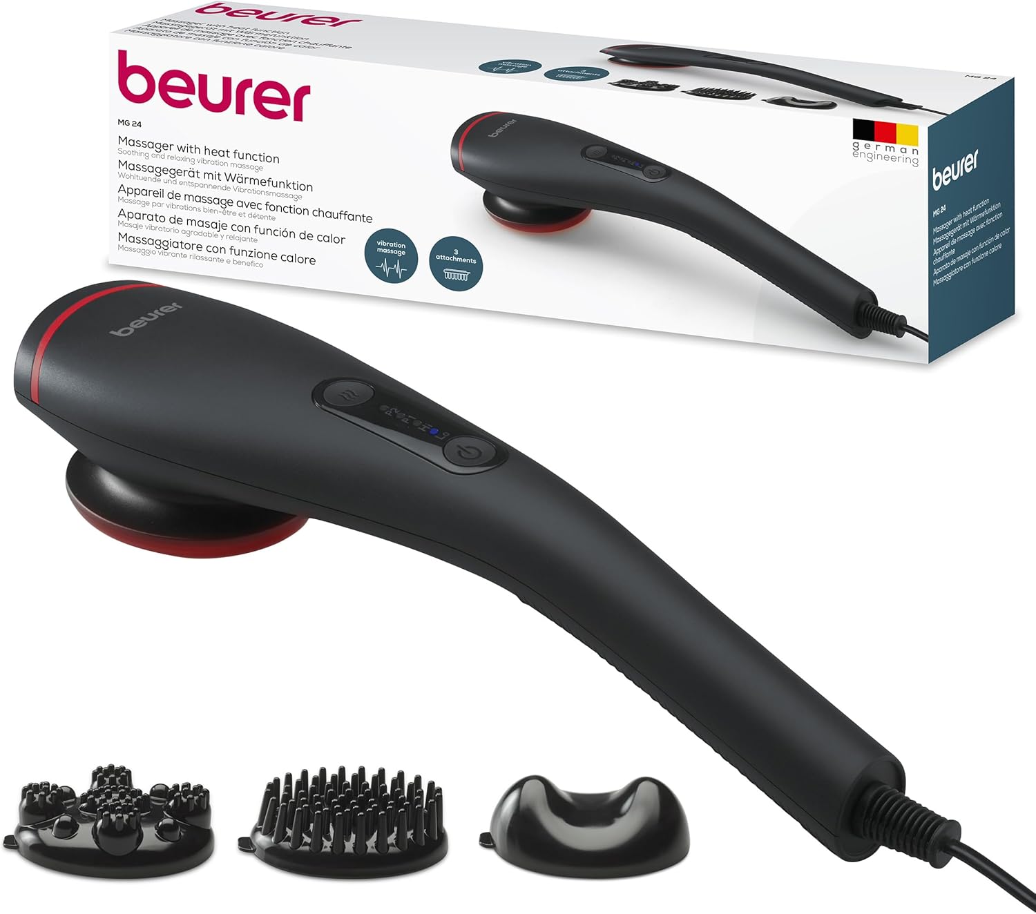 Beurer MG24 Vibration Massager, 2 Soothing Massage Programs and 2 Intensity Levels for Ideal Relaxation, 3 Massage Attachments, Can Be Used All Over The Body, Black