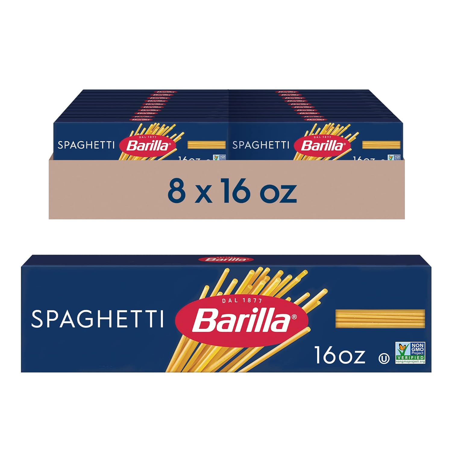 Barilla Spaghetti Pasta, 16 oz. Box (Pack of 8) - Non-GMO Pasta Made with Durum Wheat Semolina Kosher Certified