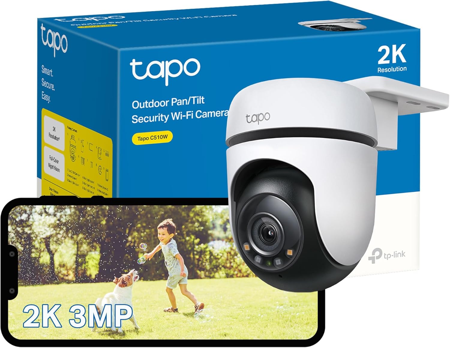 Tapo C510W 2K Outdoor Pan/Tilt Security Camera, 360°Visual Coverage, IP65 WiFi Camera, Motion Tracking, Full-Colour Night Vision, Cloud and Local Storage, Works With Alexa and Google, No Monthly Fee