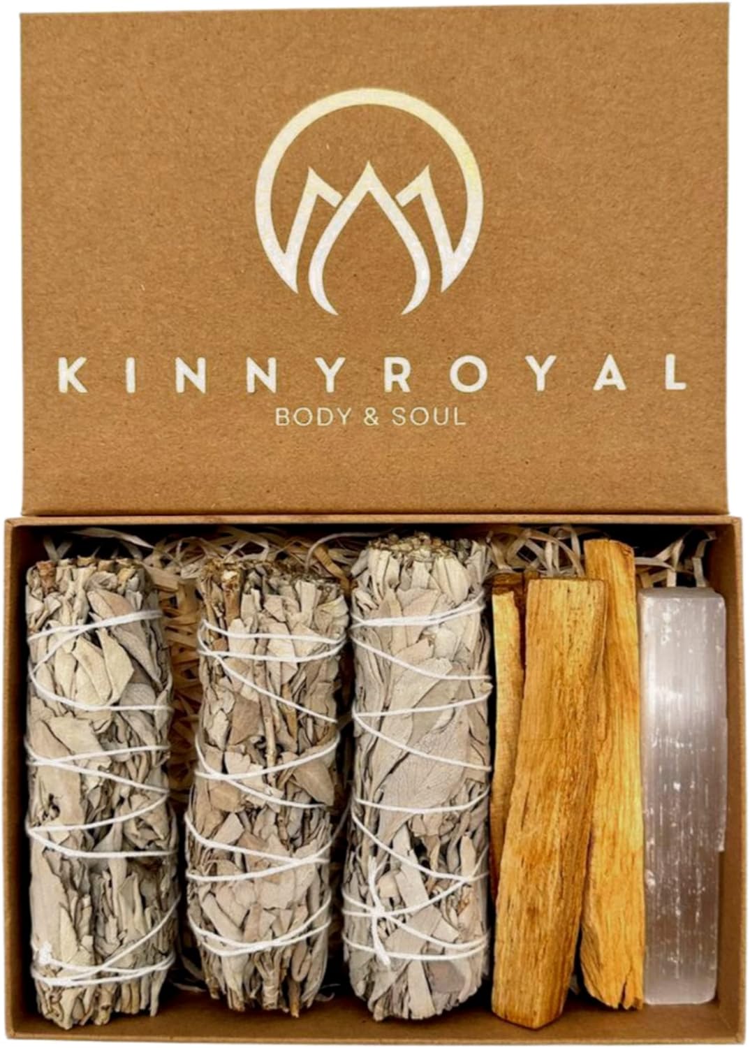 Organic Smudging Essentials kit California White Sage Sticks, Peruvian Palo Santo Wood, and Moroccan Selenite Crystal for Blessing and Cleansing