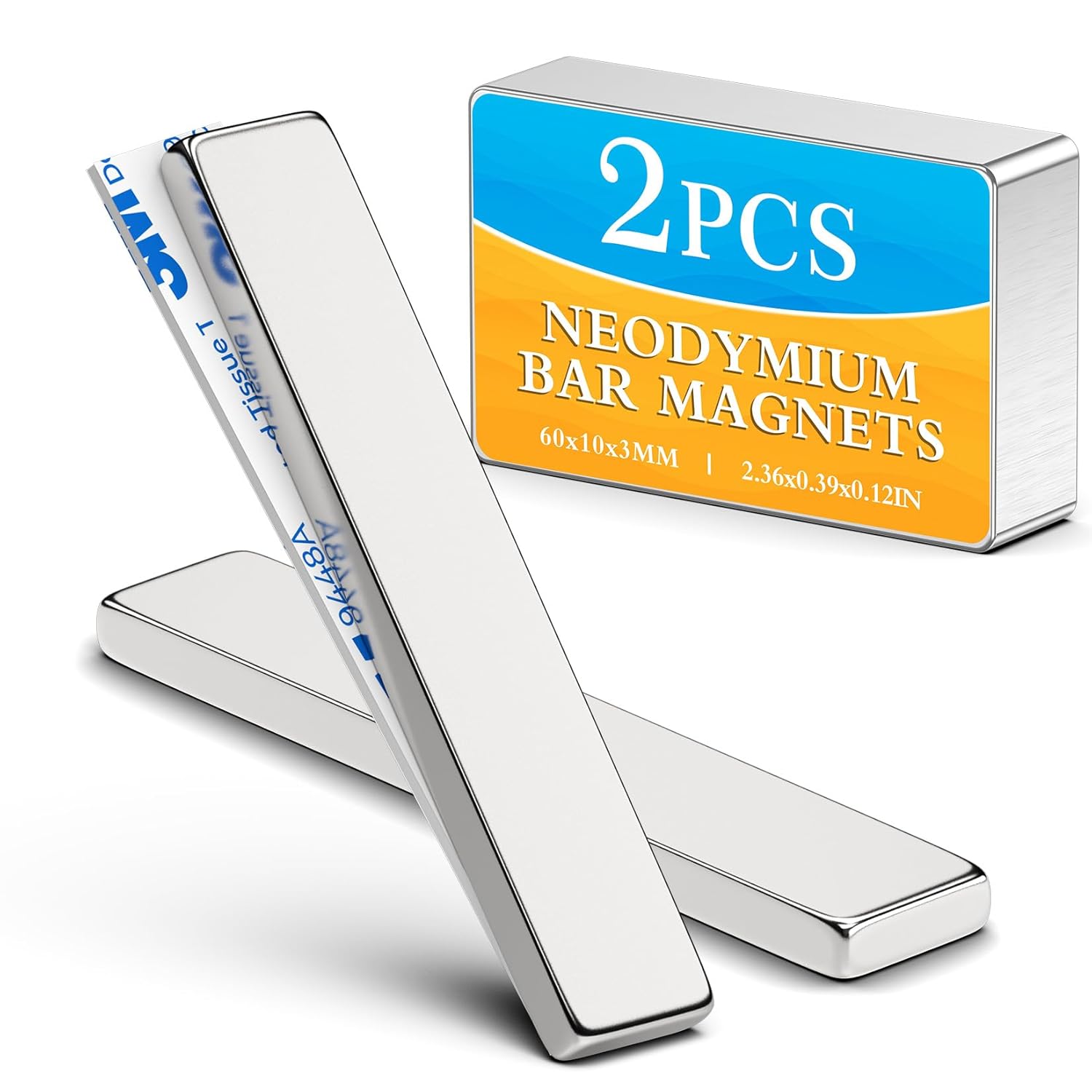 Grtard 2 Pack Powerful Neodymium Bar Magnets, 60 x 10 x 3 mm Rare Earth Magnet Bar, Rectangle Magnet, Neodymium Magnets with Double Sided Adhesive Backing for Outdoor, Fridge, Whiteboard