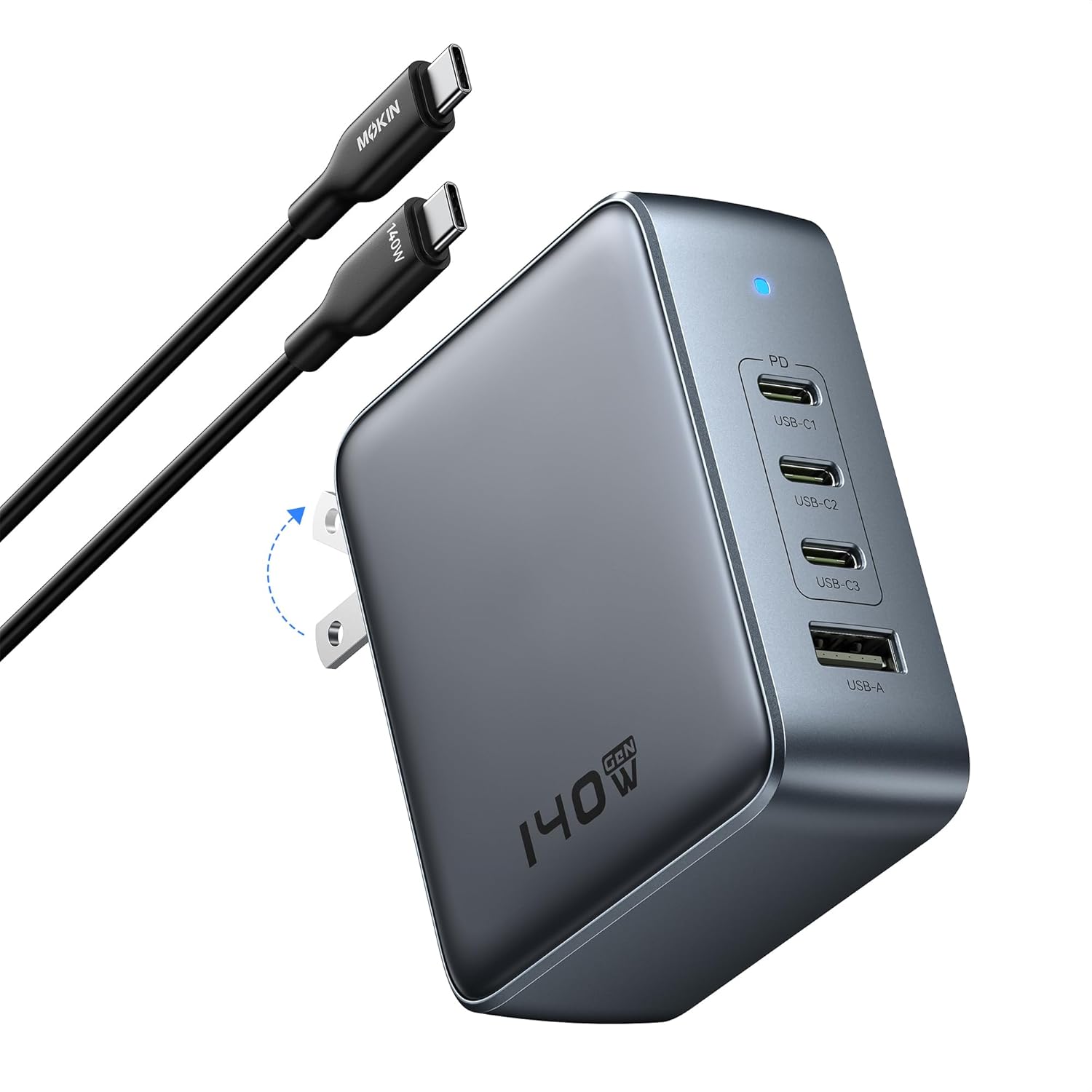 USB C Charger Block 140W, 4 Ports GaN Charger USB C Fast Charging Station Foldable Compact Wall Charger Power Adapter for MacBook Pro, iPhone 16/15, iPad, Galaxy, Steam Deck, Google Pixelbook