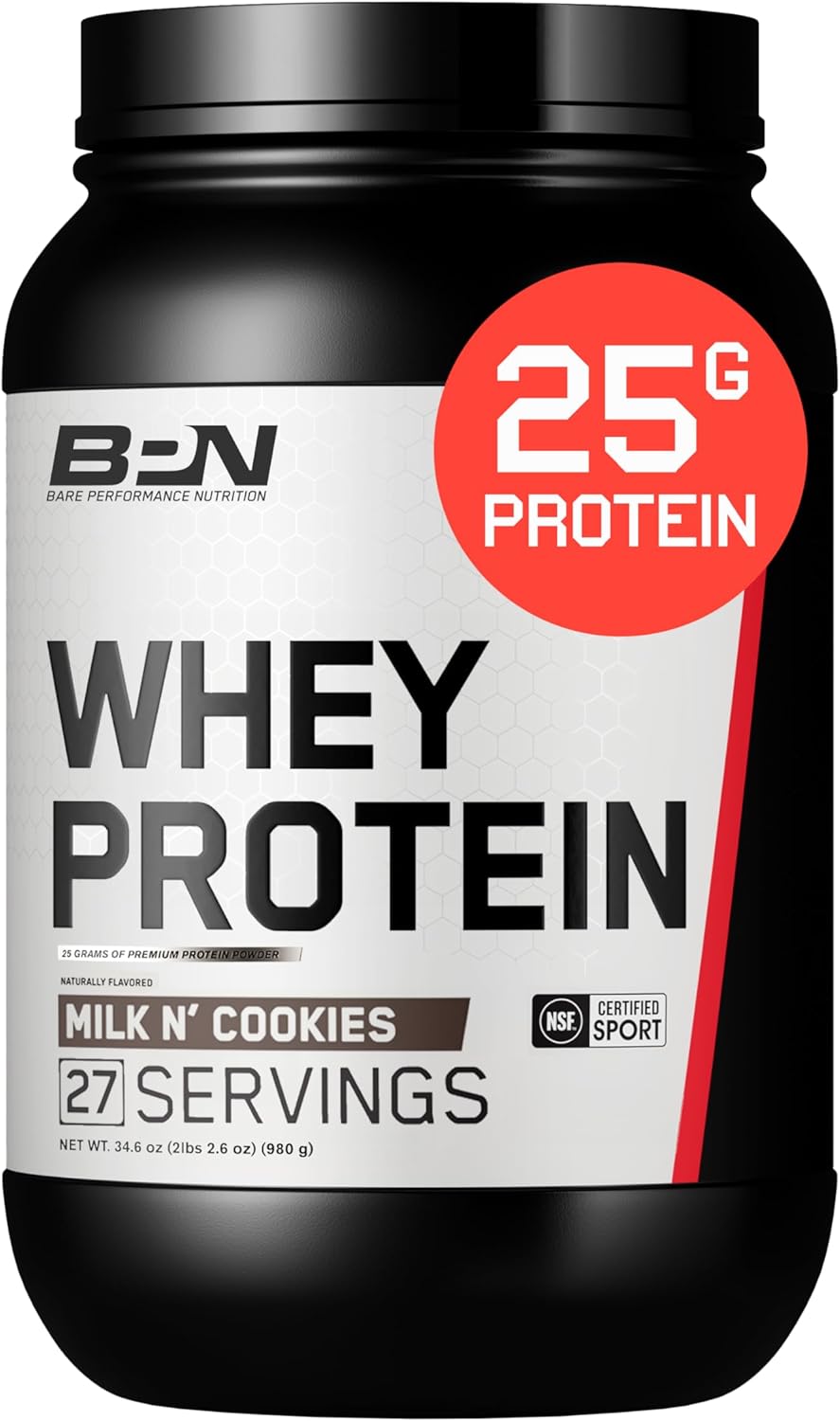 BARE PERFORMANCE NUTRITION, BPN Whey Protein + Casein Protein Powder Blend, Milk N' Cookies, 25g Protein per Serving Supports Lean Muscle Recovery, 27 Servings, Third Party Tested