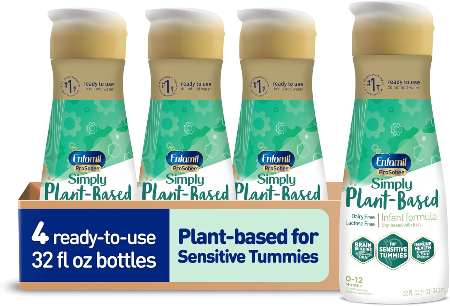 Enfamil Prosobee Plant based Baby Formula, for Sensitive Tummies, Soy-based Plant Sourced Protein, Vitamins for Immune Support, Lactose-free, Milk free, Gluten free, 32 Fl Oz Bottle (4 count)