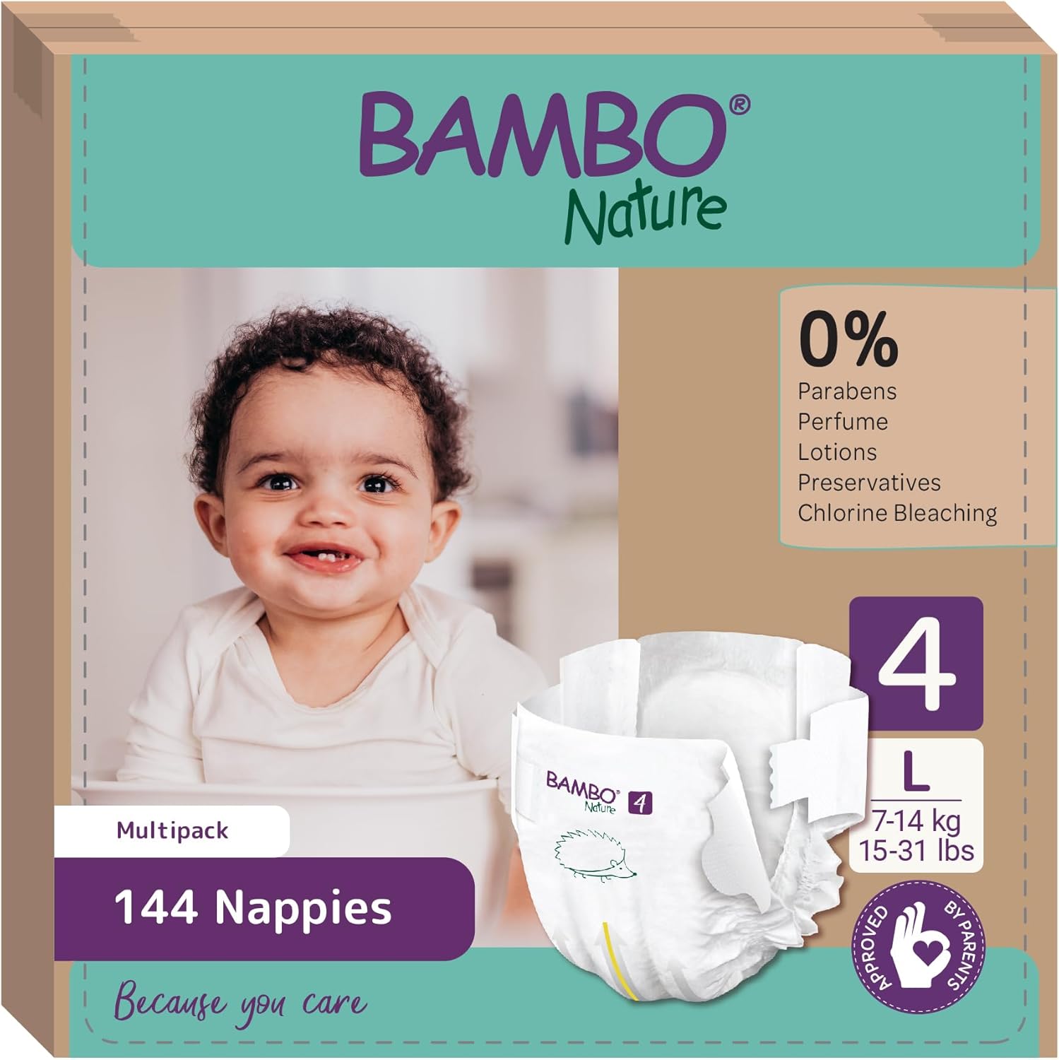 Bambo Nature Premium Eco Nappies, Size 4 (15-31lb/7-14 kg), Maxi, 144PK, Eco-Labelled Nappies, Enhanced Leakage Protection, Secure and Comfortable Baby Nappy