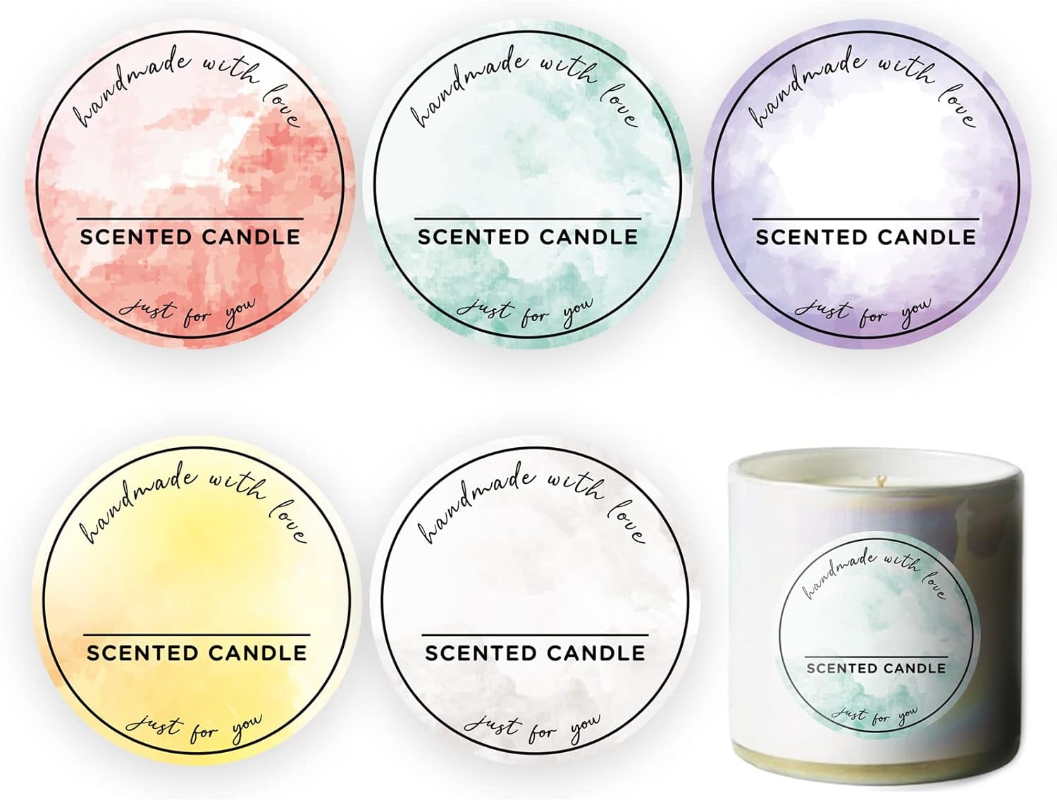 Joyfulmap 500pcs Preprinted Scented Candle Labels, 5 Watercolors Handmade with Love Stickers, Waterproof Labels for Hand Making, Small Business Supplies, Tins/Boxes Packaging/Container (2inch)