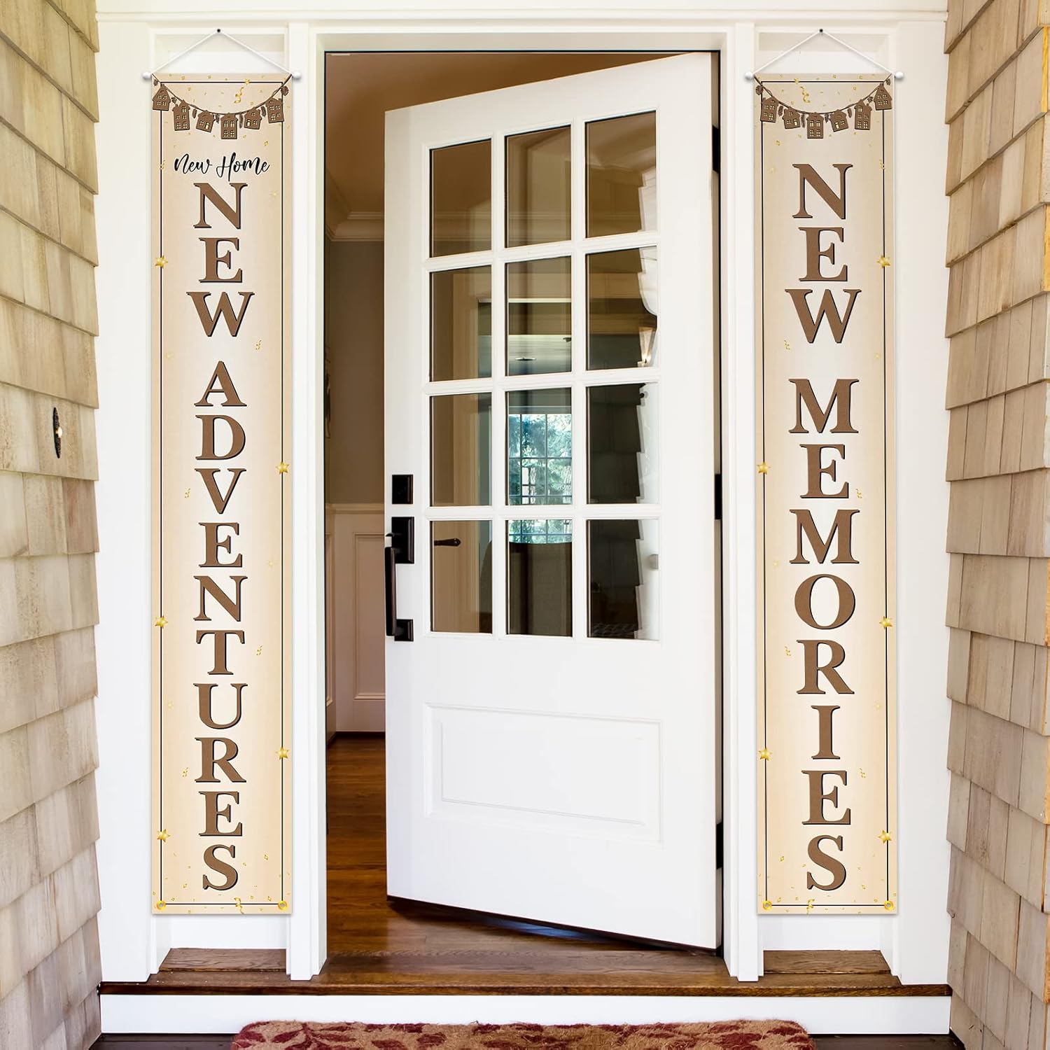 New Home Adventures and Memories Porch Sign Door Banner Decor Brown - Housewarming Party Theme Decorations for Men Women Supplies