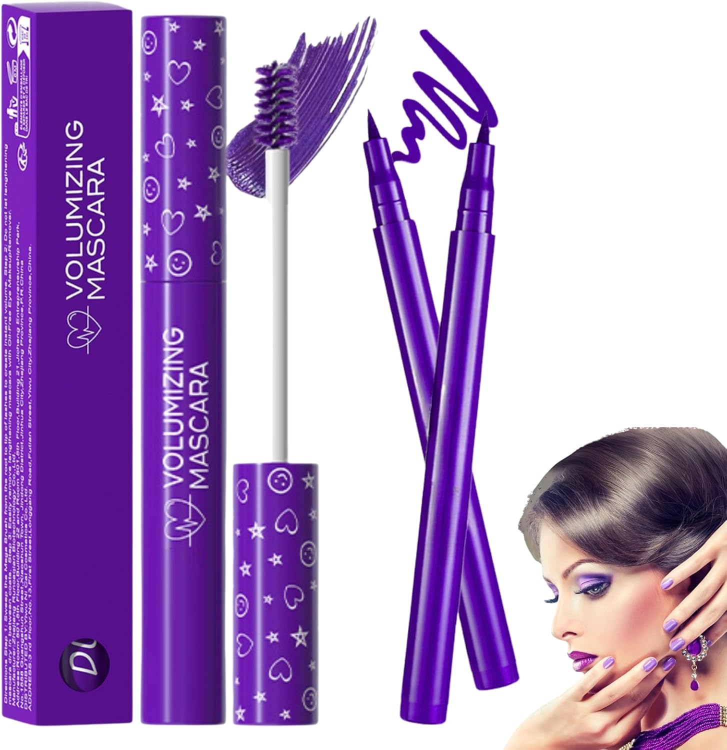 Purple Mascara & Eyeliner Set,5D Silk Fiber Eyelash Volume with Soft Brush,Colored Tubing Mascara Extensions Length,Super Slim Smudgeproof Purple Eyeliner,Non-Clumping & Smooth waterproof eyeliner