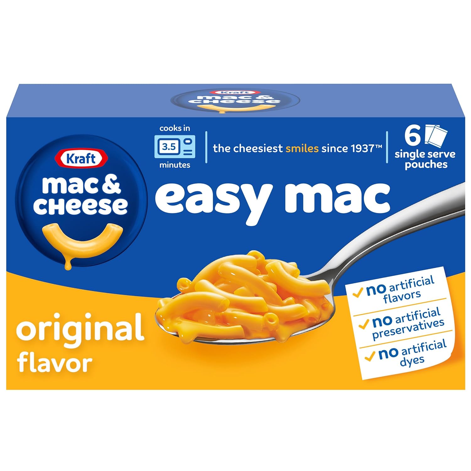 Kraft Easy Mac and Cheese, 6 Packets, for Easy Dinner or Dinner Sides, Original Flavor, No Artificial Flavors, Preservatives or Dyes, 12.9 oz