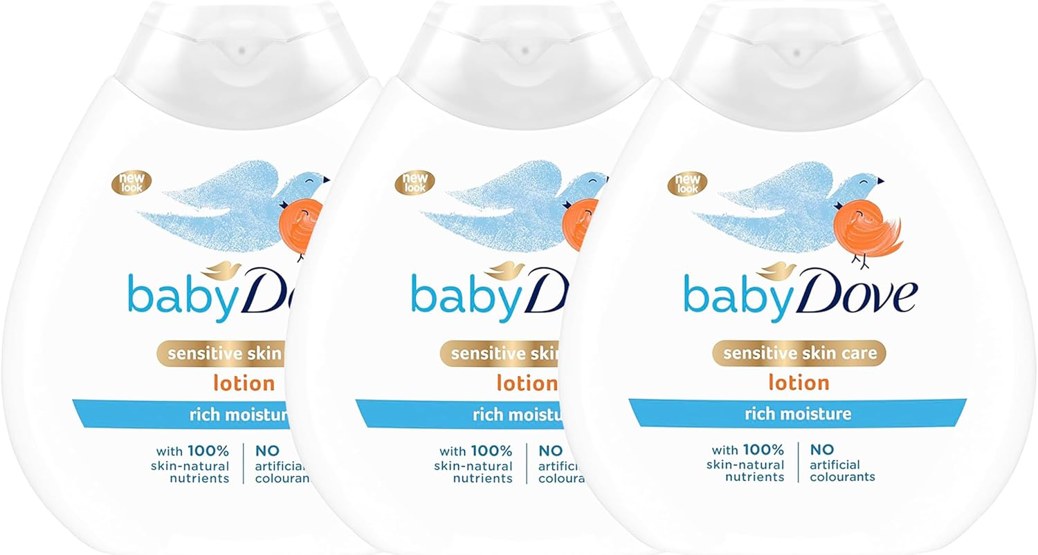 Baby Dove Rich Moisture Baby Lotion - Soothing & Nourishing for Newborns & Infants, Gentle Moisturiser for Dry, Sensitive Skin, Daily Skincare with Delicate Scent, All-Day Hydration - 200ml, Pack of 3