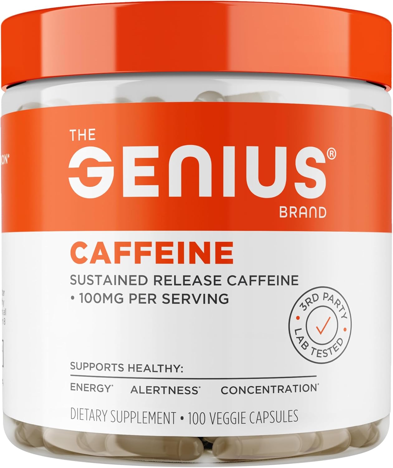 Genius Caffeine - Sustained-Release Microencapsulated Caffeine Pills for Smooth, Long-Lasting Energy & Focus - No Jitters or Crash - 100mg per Capsule - 100 Servings - Natural Performance Booster