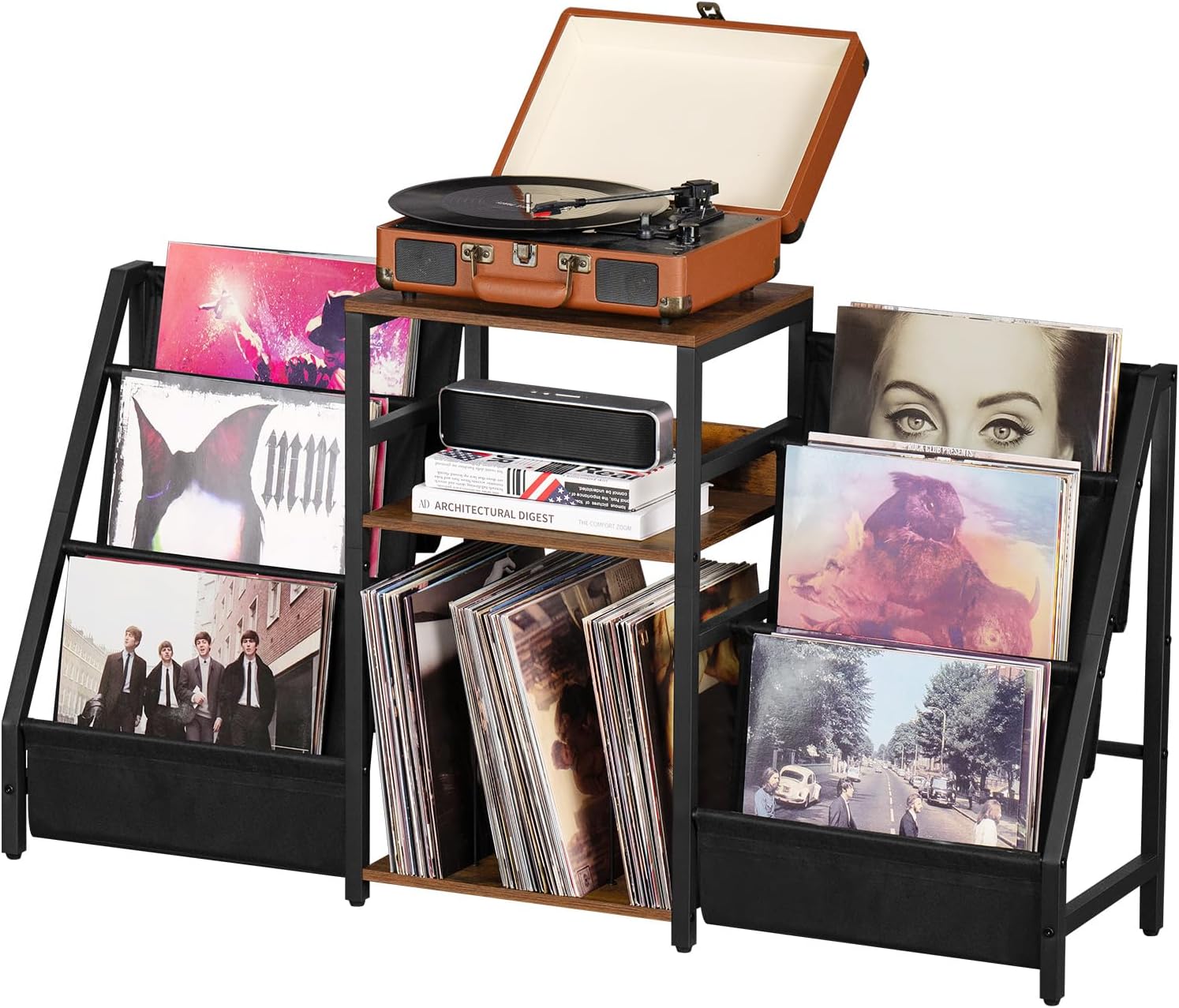LELELINKY Record Player Stand with Vinyl Storage, 3 Tier Turntable Stand with Display Shelf Storage Up to 180 Albums,Brown End Table Records Cabinet for Media Stereo Speaker, Amplifiers, Magazines