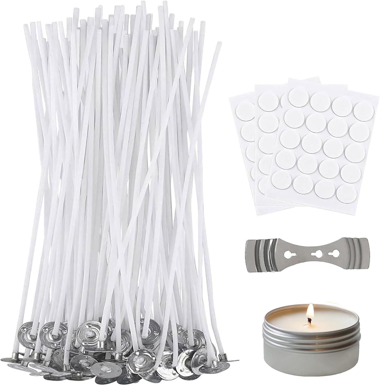 Eastrise Candle Wicks with No Black Smoke,10cm Long Pre Waxed Wicks,With 50 Pcs Candle Wick Stickers,Includes Stainless 3 Hole Wick Holder,For Home and DIY Candles(50 PCS)