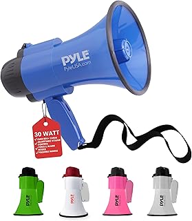 Pyle Compact Battery-Operated Megaphone with Siren - 30 Watt Power, Microphone, 2 Modes, PA Sound, Bullhorn, Foldable Handle for Cheerleading, Police Use (Blue)