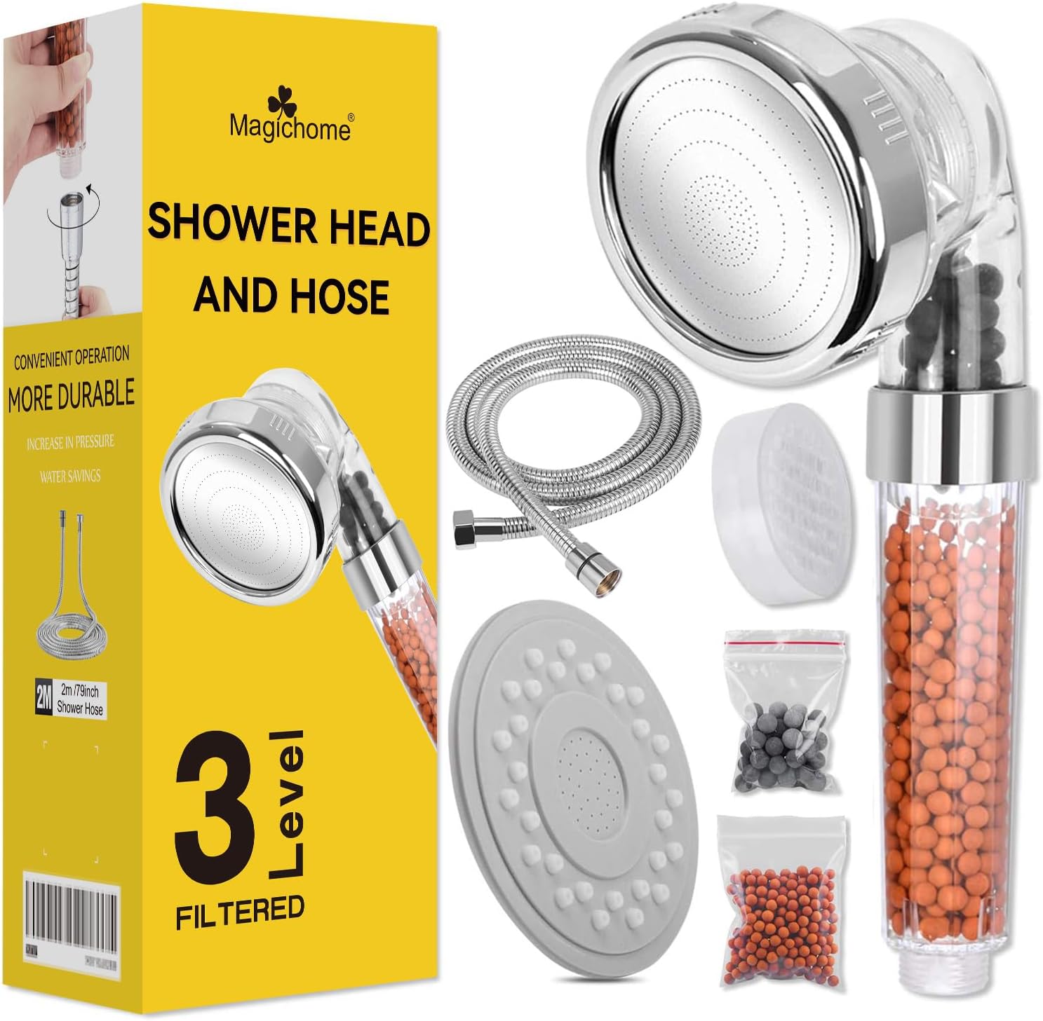 Magichome Shower Head and Hose 2m, 3 Modes High Pressure Filter Shower Head with 3-Layer Filtration, Universal Hard Water Filter Showehead for Low Water Pressure with Replaceable Beads
