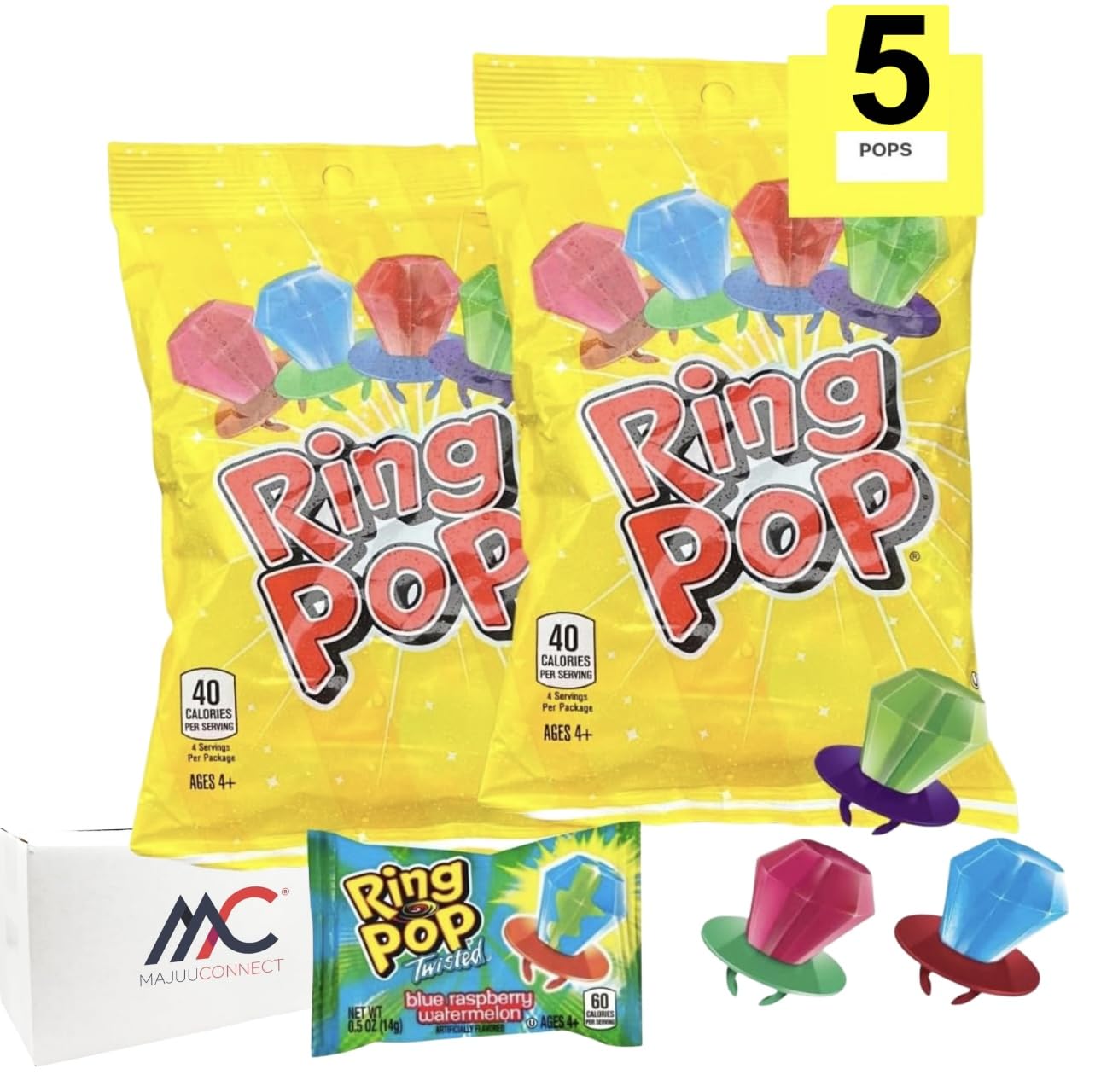 Ring Pop (2 pack) 10 Pops Total |Individually Wrapped Lollipop Suckers w/Assorted Fruity Flavors - Fun Candy for |Easter basket fillers| Party Favors, Birthday, Halloween ,Any Occasion |Bonus MAJUU