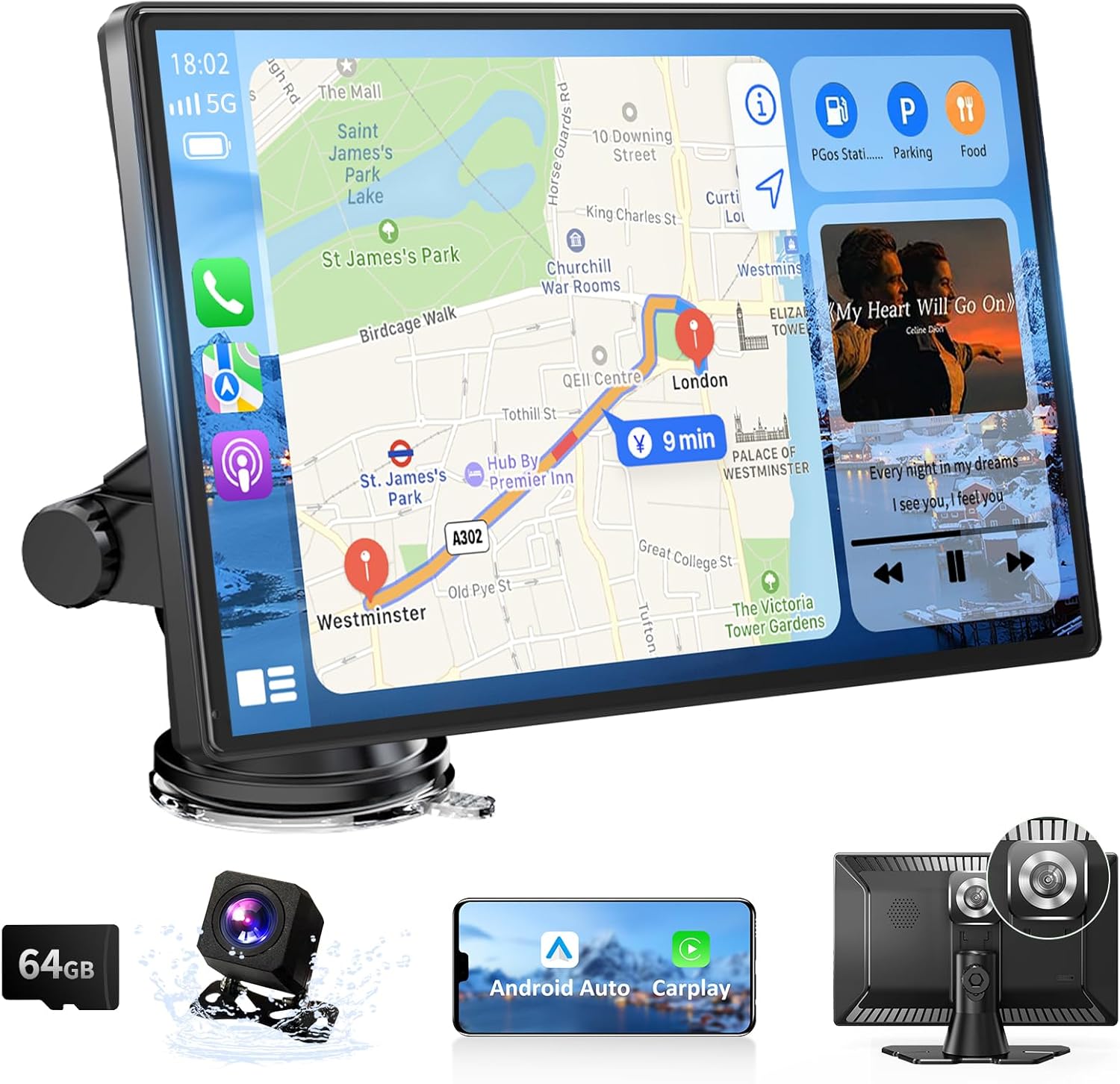9" Portable Carplay & Android Auto Touch Screen, Wireless Car Stereo with 4K Dash Cam, 1080P Backup Camera, GPS Navigation, Mirror Link, Voice Control, FM, Siri, Bluetooth for All Vehicles