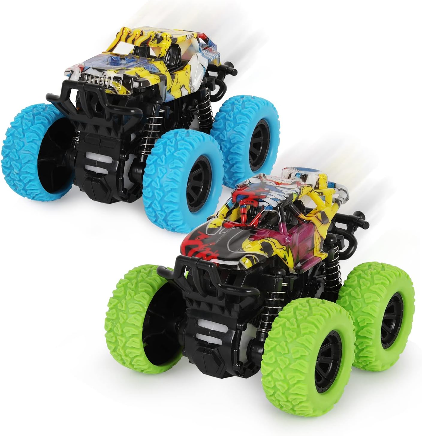 Shayson 2 Pack Monster Truck Toys Friction Powered Cars Pull Back Trucks，Inertia Vehicle Playsets with Shockproof Spring and Rubber Wheel，Toy Cars for Kids