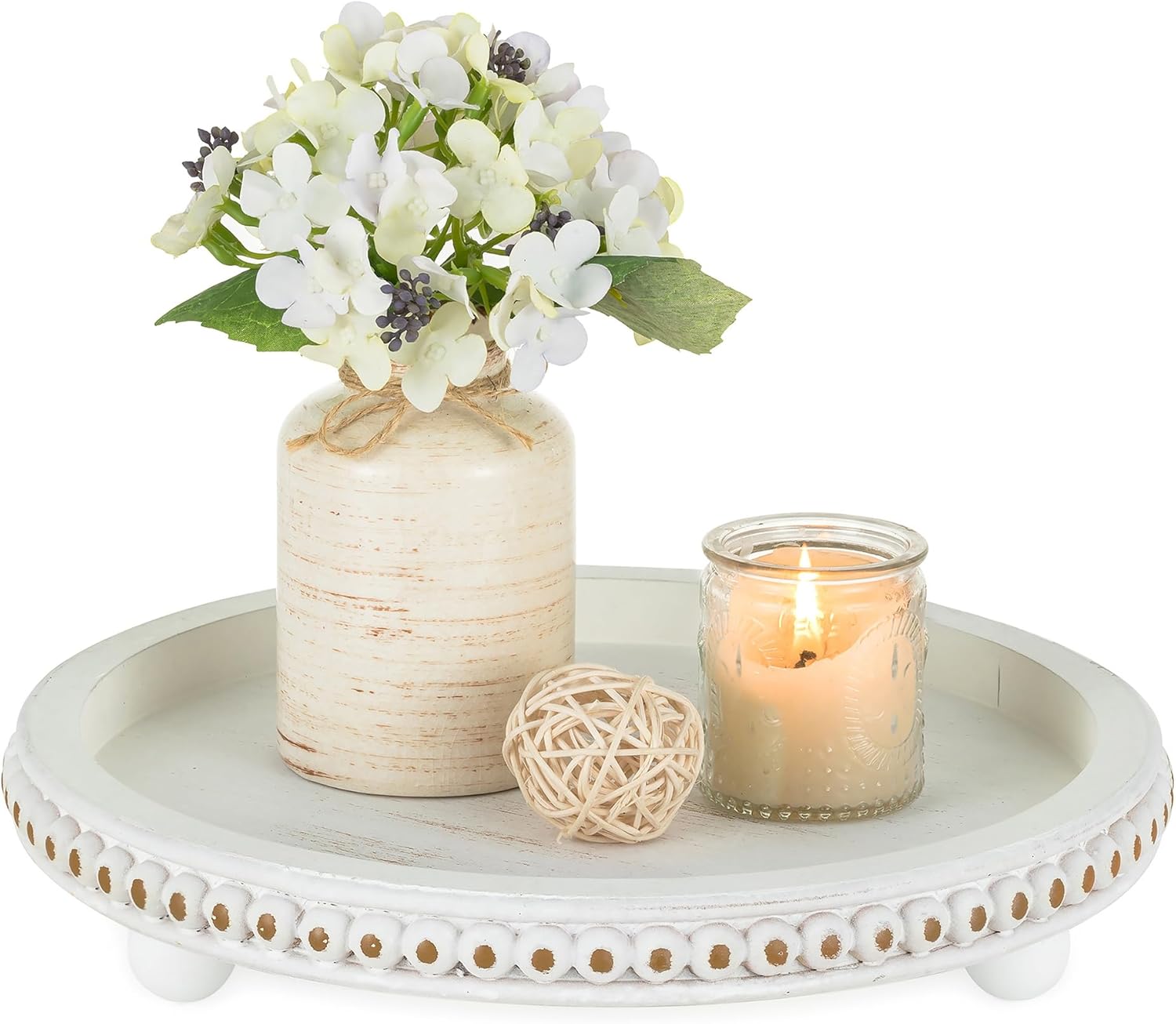 Hanobe Decorative Tray Table Centrepiece: Rustic Beaded Tray for Coffee Table Living Room 30cm Vintage White Washed Round Wooden Riser for Display