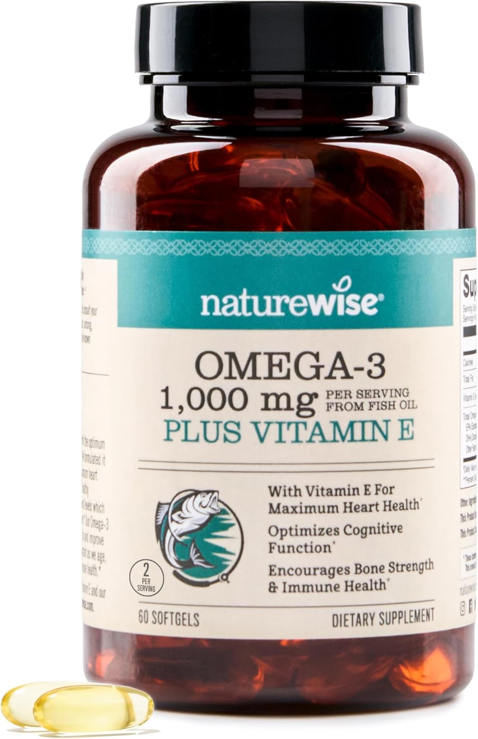 NatureWise Extra-Strength Omega 3 Fish Oil Supplement - 1000mg per Serving - 600 EPA & 400 DHA and Vitamin E - Support for Heart & Brain Health - Lemon Flavor, Non-GMO - 60 Softgels[1-Month Supply]