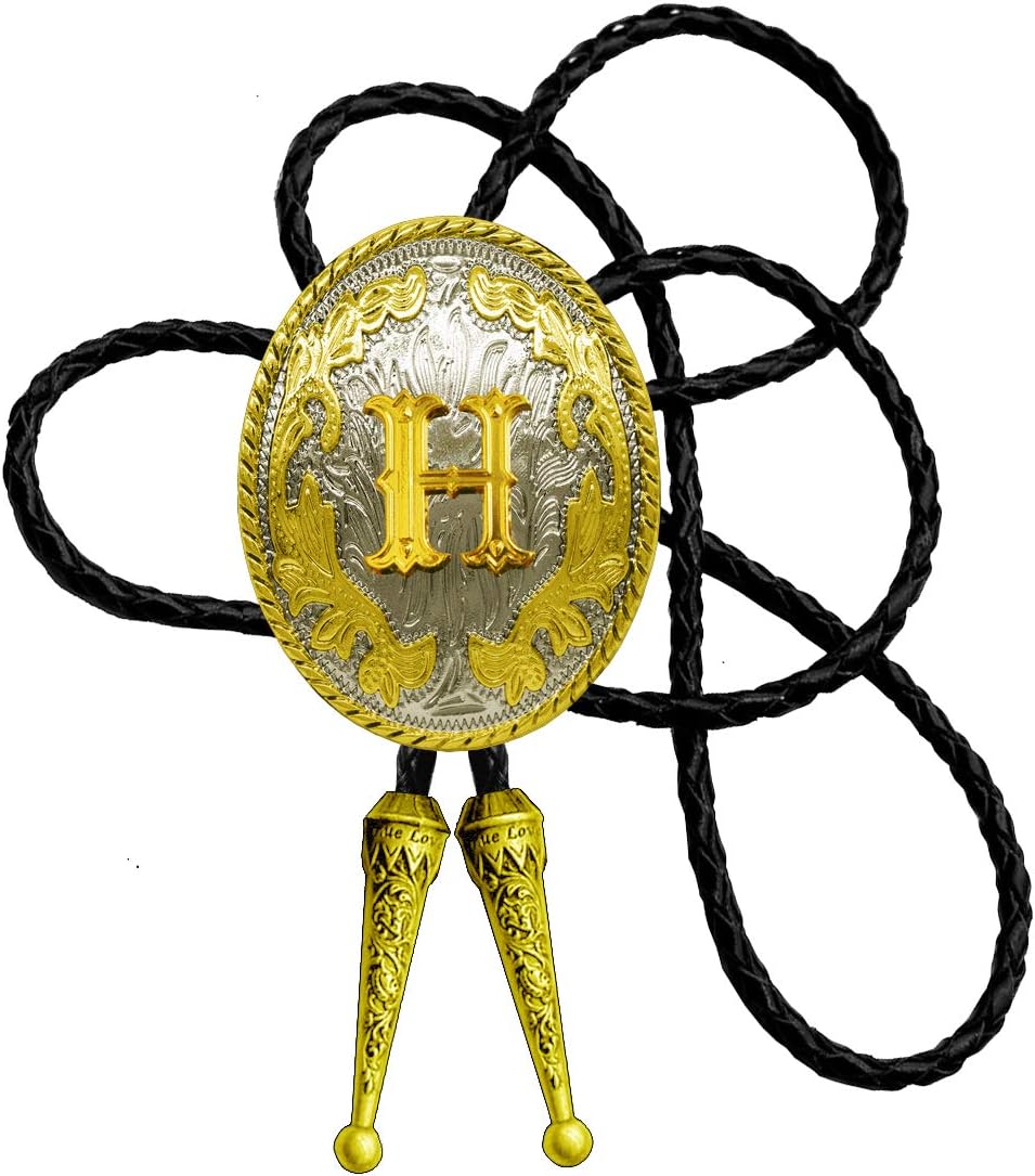 Moranse Golden Western Bolo Tie Initial Letter A to Z in Round Flower Cowboy with Cowhide Rope Necktie