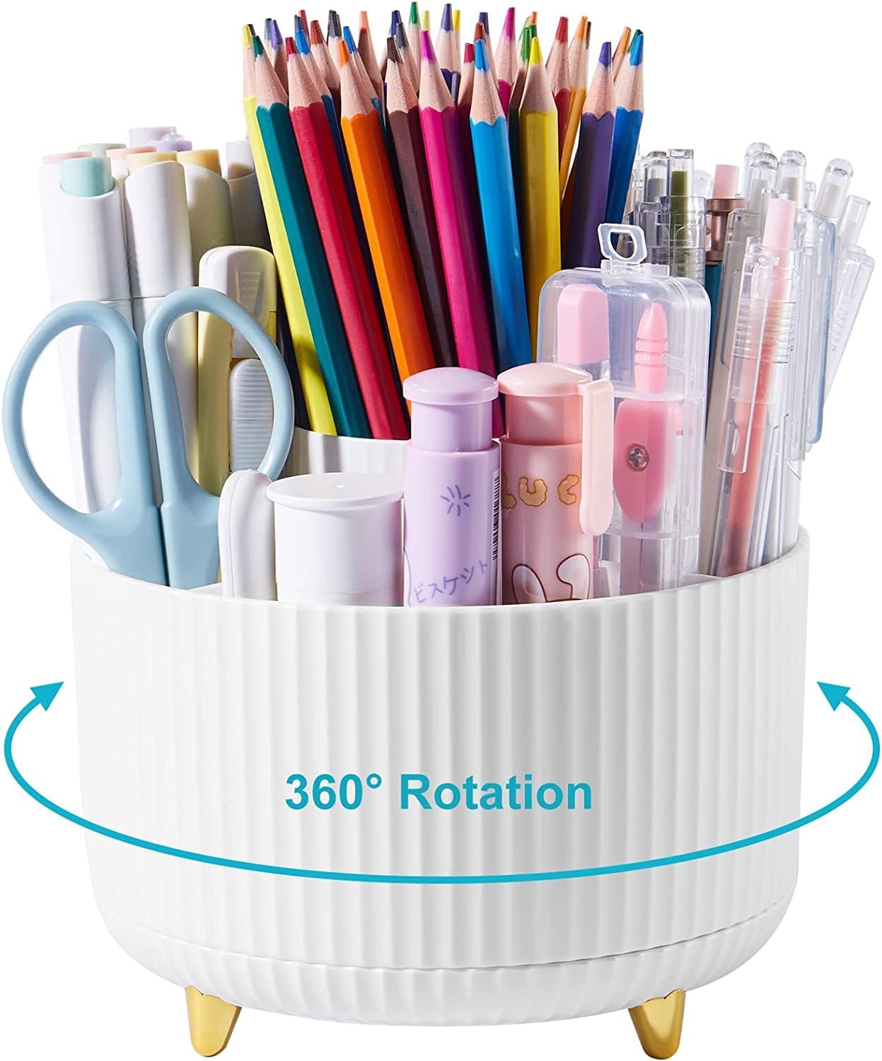 Baoswi Desk Pencil Pen Holder, 5 Slots 360° Degree Rotating Pen Organizer For Desk Desktop Storage Stationery Supplies Pencil Cup Desk Accessories for Office School Home Art Supply White
