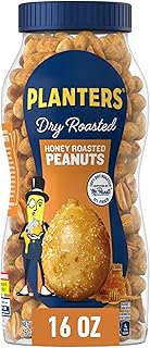 PLANTERS Honey Roasted Peanuts, Party Snack, Plant-Based Protein, After School Snack, Sweet and Salty, Salted Nuts, Flavored with Sea Salt and Honey, Quick Snacks for Adults, Kosher, 16oz Jar