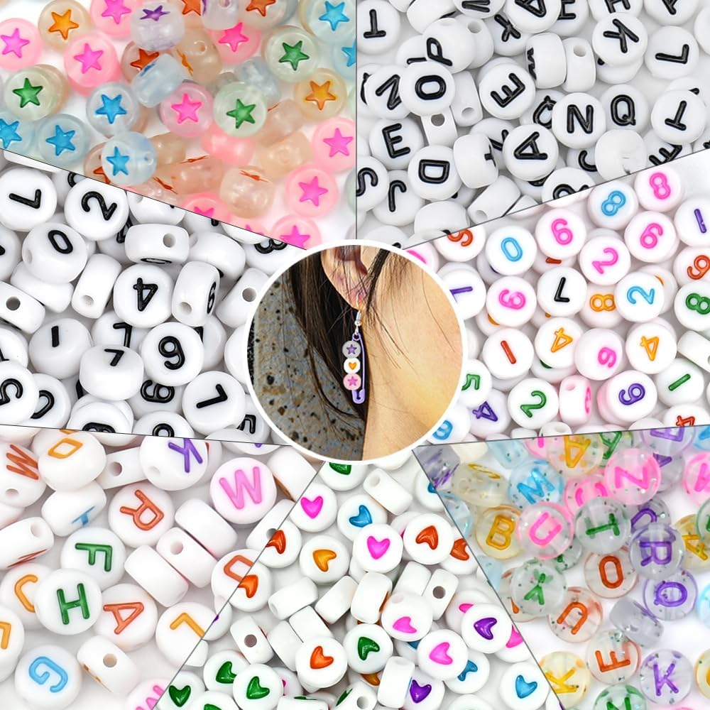 ADERTOS 700 PCS Number Beads for Bracelet Making, 4 x 7 mm Letter Beads Acrylic Number Bead Small Heart Star Round Craft Bead for Jewellery Friendship Necklaces Making Kit (Mixed)