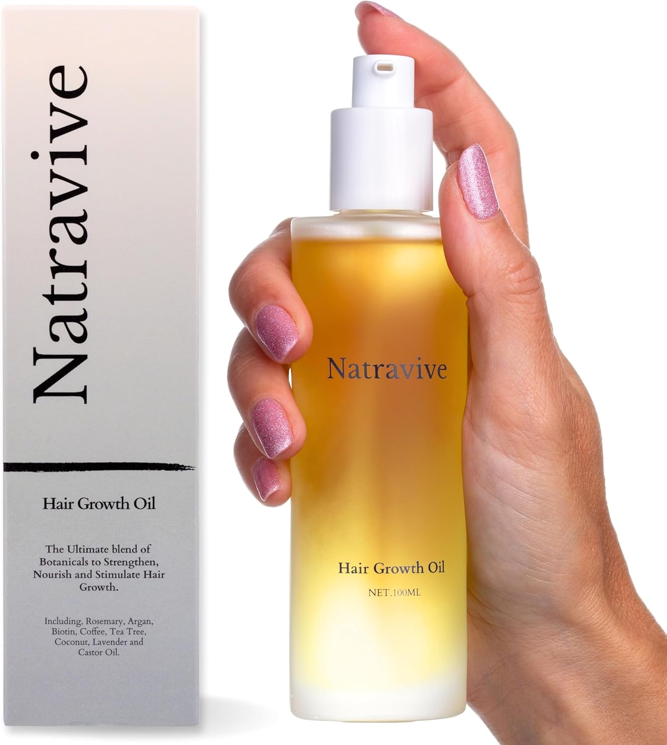 Hair Growth Oil by Natravive 100% Natural with Rosemary Oil To Promote Follicle Growth, Biotin, Argan, Caffeine, Coconut and Lavender Oil to Nourish and Thicken all Hair Types