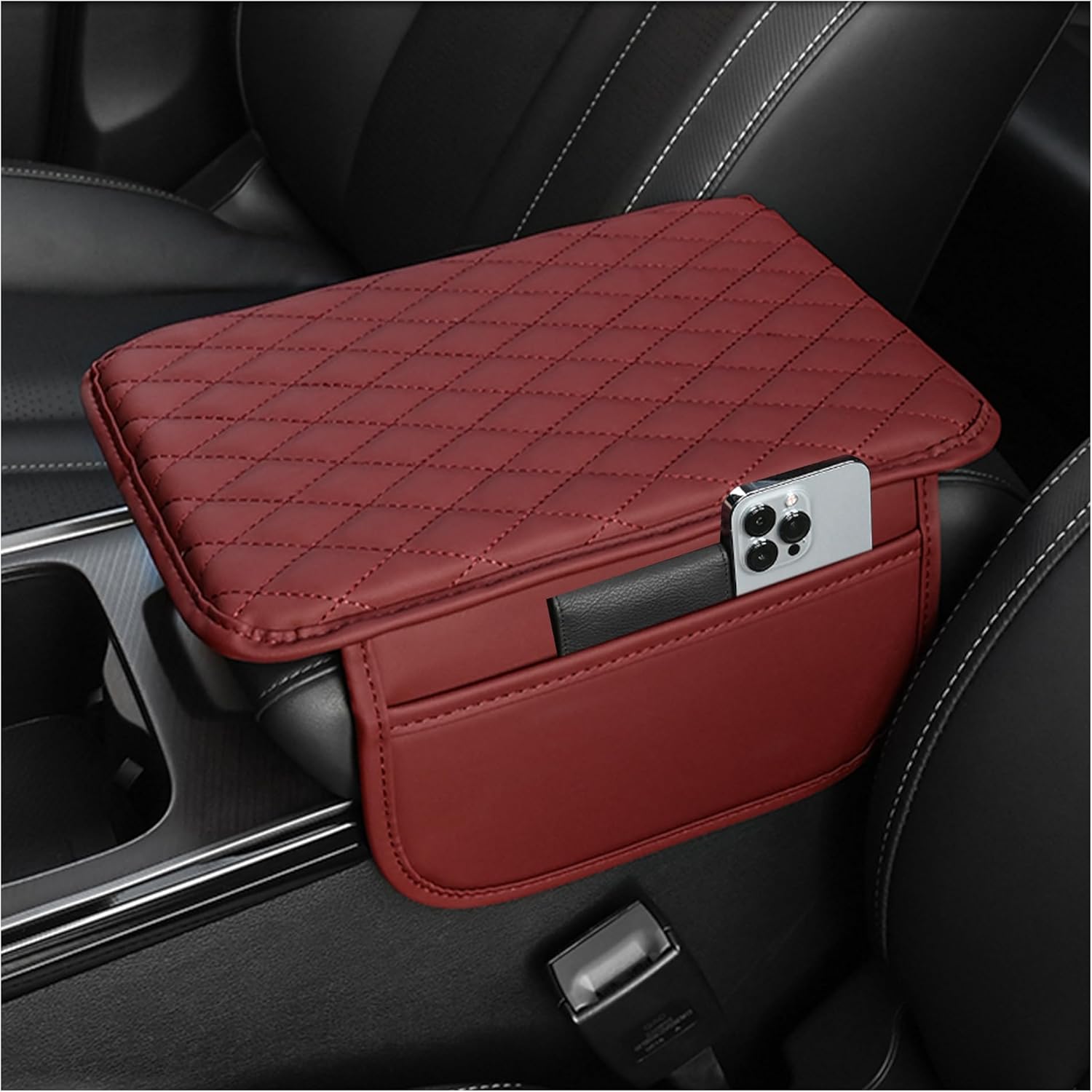 Upgraded Car Center Console Cover,Microfiber Leather Car Armrest Cover Cushion with 2 Storage Bags,Universal Car Armrest Storage Box Car Interior Accessories for Most Vehicles (Red)