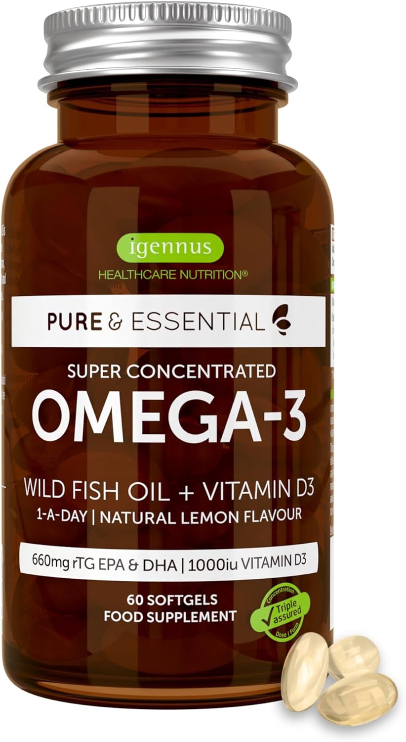Igennus Omega-3 Wild Fish Oil & Vitamin D3, 1-a-Day, IFOS Certified, Superior rTG Triglyceride Form, High EPA DHA Concentration, 60 Servings, Natural Lemon Flavour