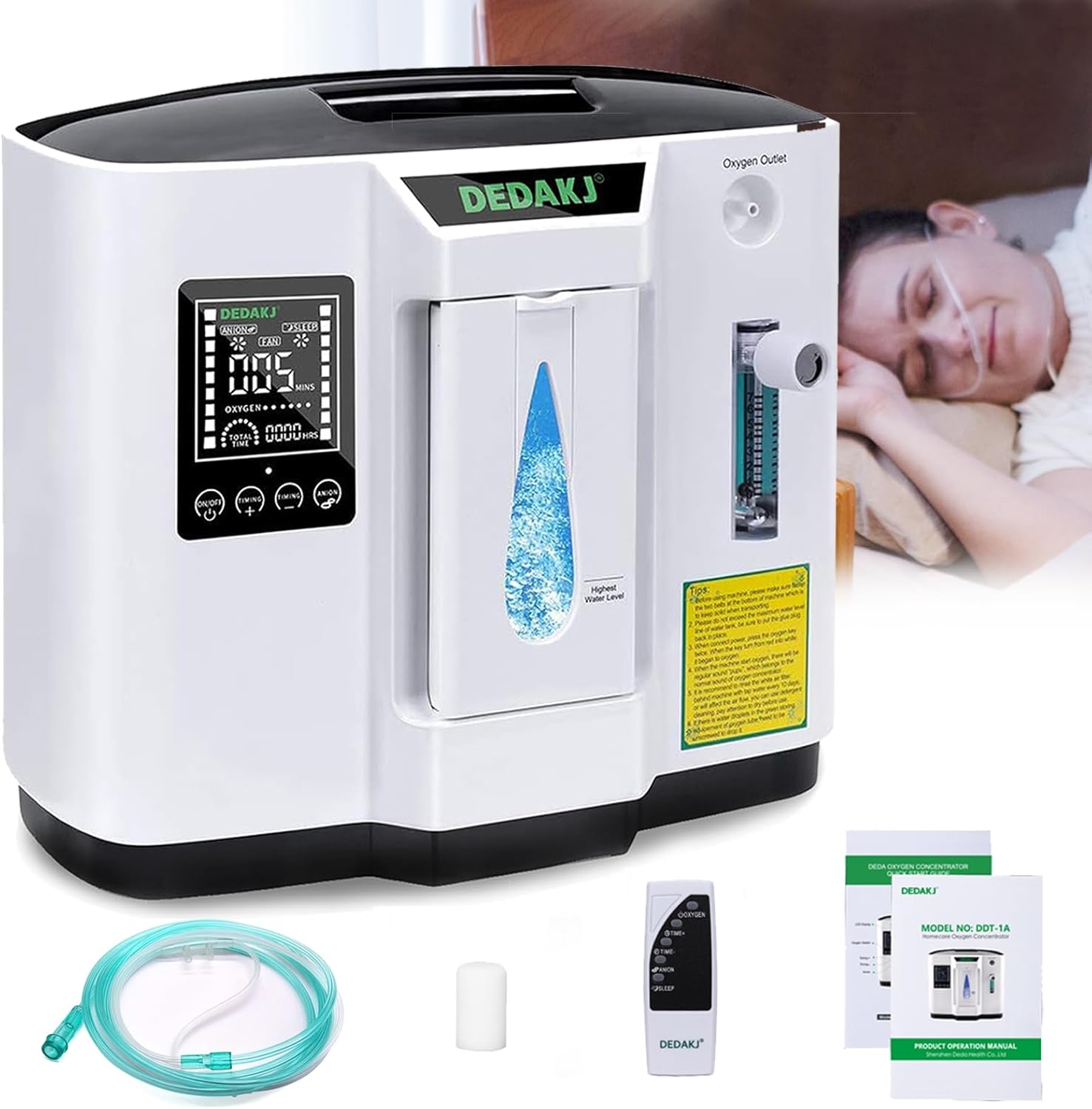 DEDAKJ Oxygen Machine, 1-7l / Min Oxygen Machine, Accumulated Time Adjustment for Home and Travel, Time Control/Wireless Remote Control（1A）