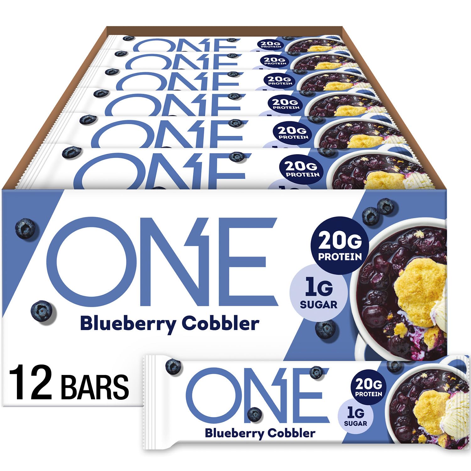 ONE Protein Bars, Blueberry Cobbler, Gluten Free with 20g Protein and 1g Sugar, Pantry Staples, 2.12 oz (12 Count)