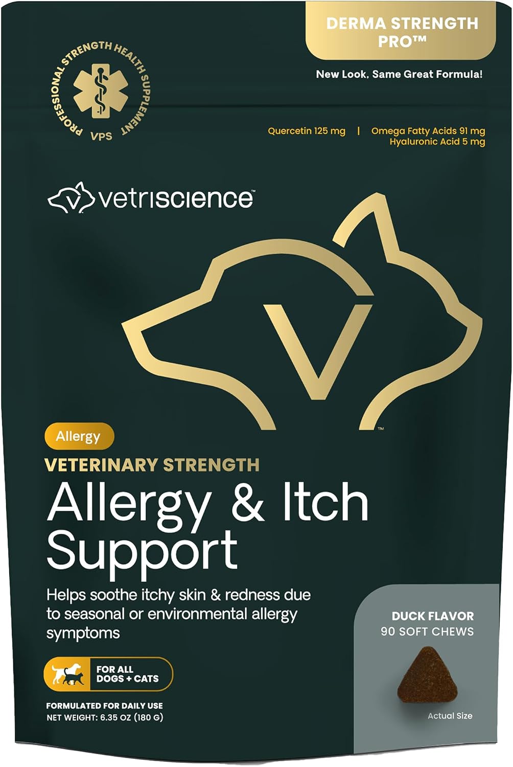 VETRISCIENCE Veterinary Strength Allergy & Itch Support Chews - Seasonal Allergy Support Supplement for Pets - Pet Skin Sensitivity Support - Cats & Dogs - Duck Flavor - 60 Chews