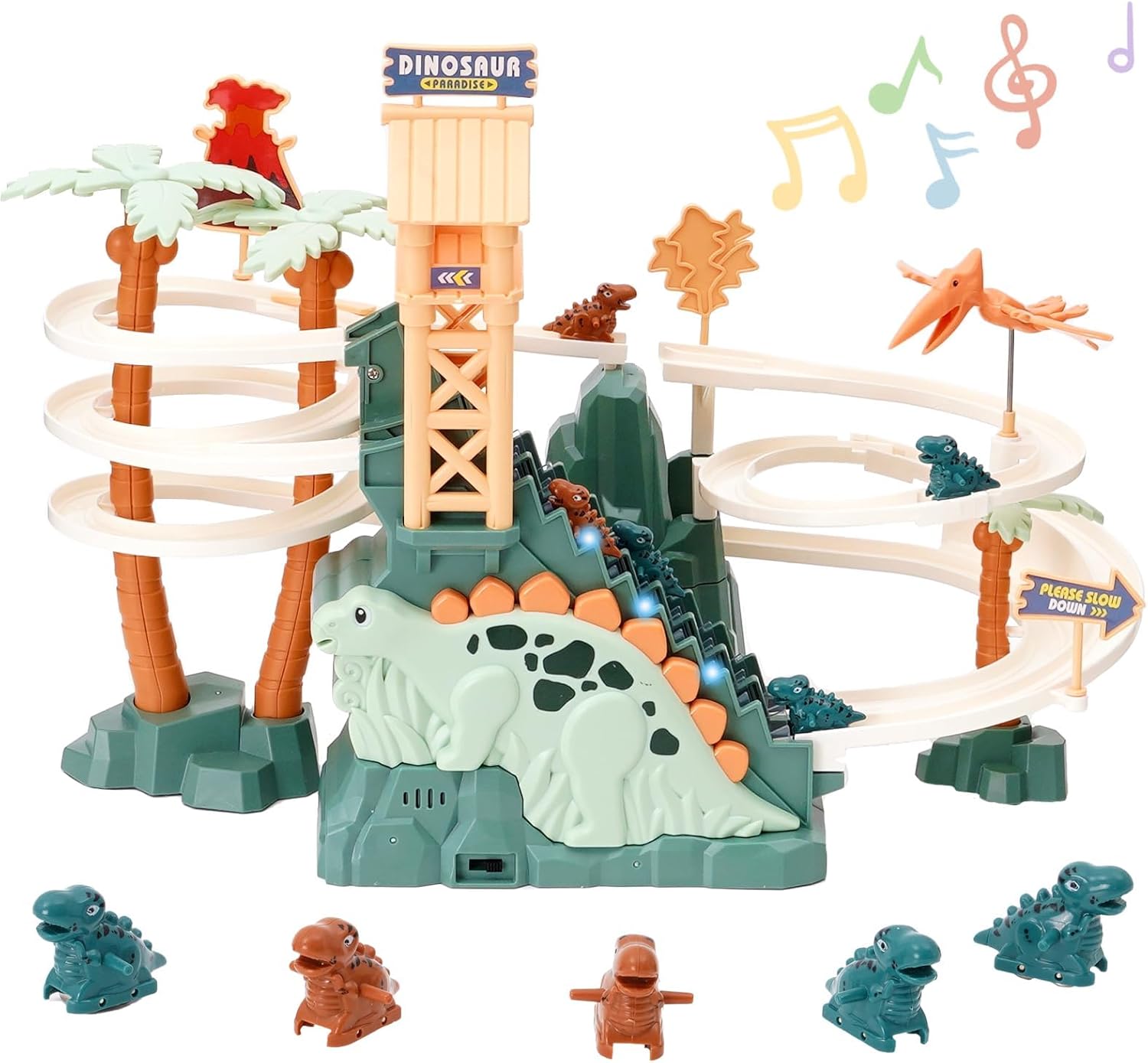 Dinosaur Chasing Race Track Game Set Double Loop Track Slide Toy Climb Stairs Toy Roller Coaster Toys with Music Educational Puzzle Playsets Gift for Toddler Kids Boys Girls Age 3+