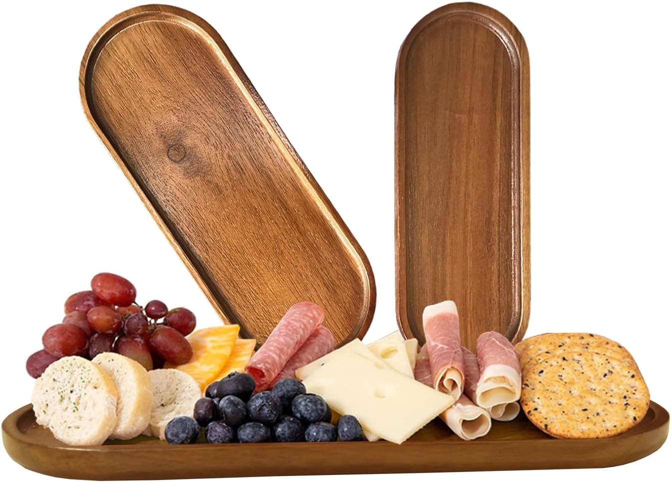 Acacia Wood Serving Platters and Trays Rectangular Wooden Large Serving Platters for Food, Wooden Tray for for Kitchen Counter, Bathroom, Home Decor, Party, 3 Pack (Tray- Oval (Set of 3))