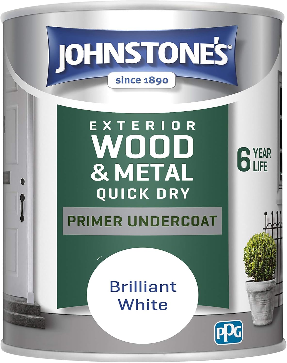 Johnstone's - Quick Dry Gloss Exterior Primer Undercoat - Brilliant White - Gloss Finish - Weather Protection - Resistant to cracking & peeling - 6 years of Life - 12m2 Coverage per Litre - 0.75 L