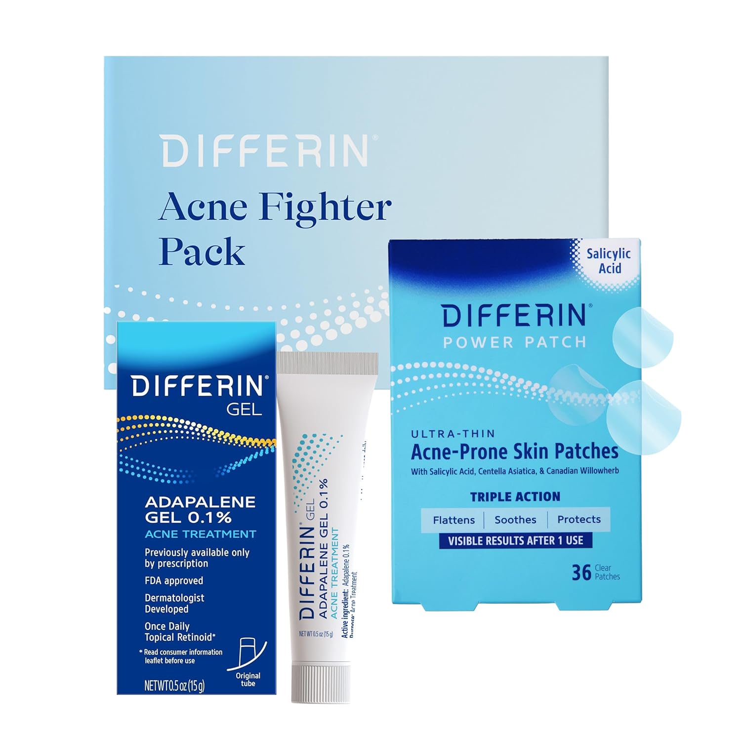 Differin Acne Fighter Pack, Gel Retinoid Acne Treatment For Face with 0.1% Adapalene, 15g Tube + Salicylic Acid Pimple Patches, 36 Count, Designed for Pimple and Acne-Prone Skin