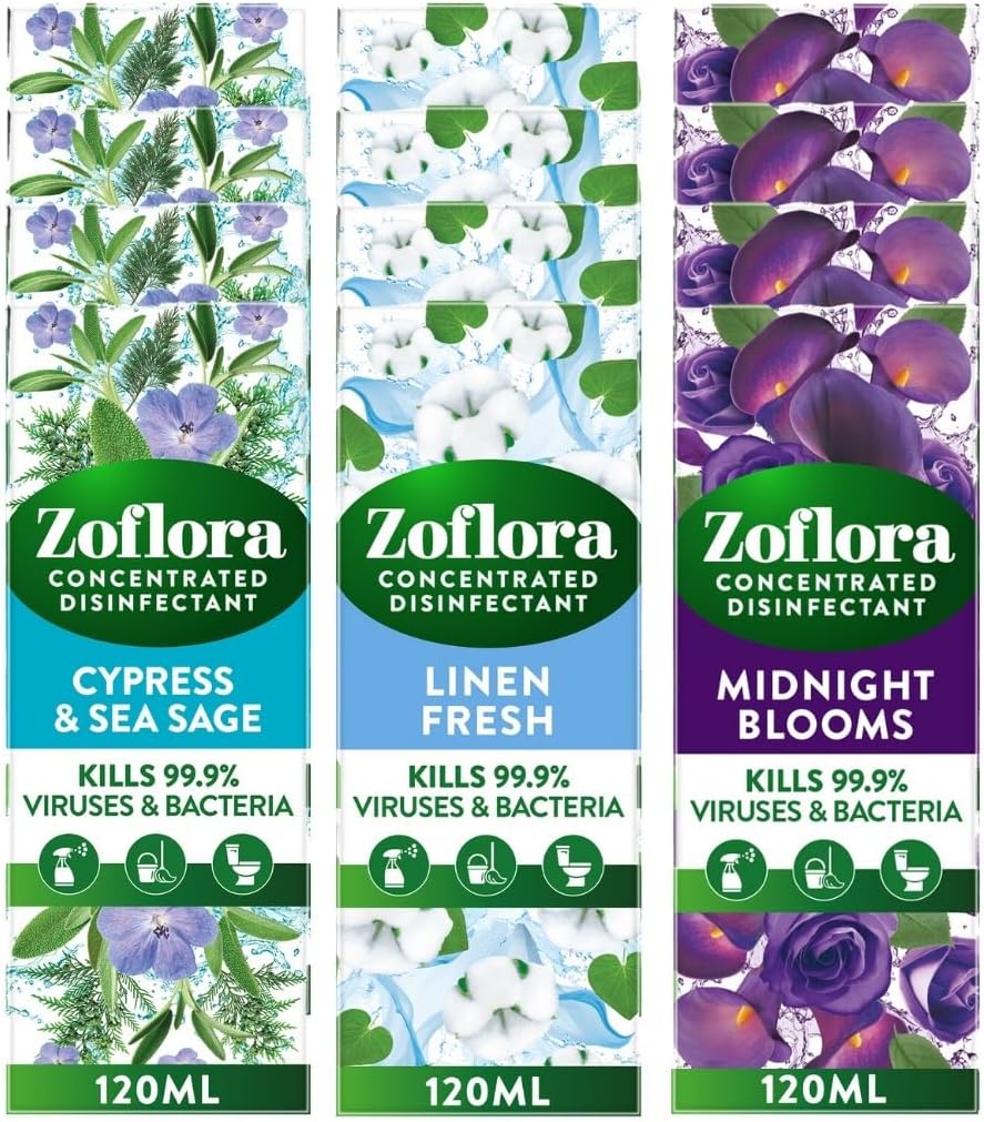 Zoflora Disinfectant Concentrates Cleaning Bundle, 12 x 120 ml (1.4 L) Multipurpose Disinfectant Liquid, Antibacterial & Multi-Surface, Pet Safe Disinfectant, Kills 99.9% Of Bacteria & Viruses