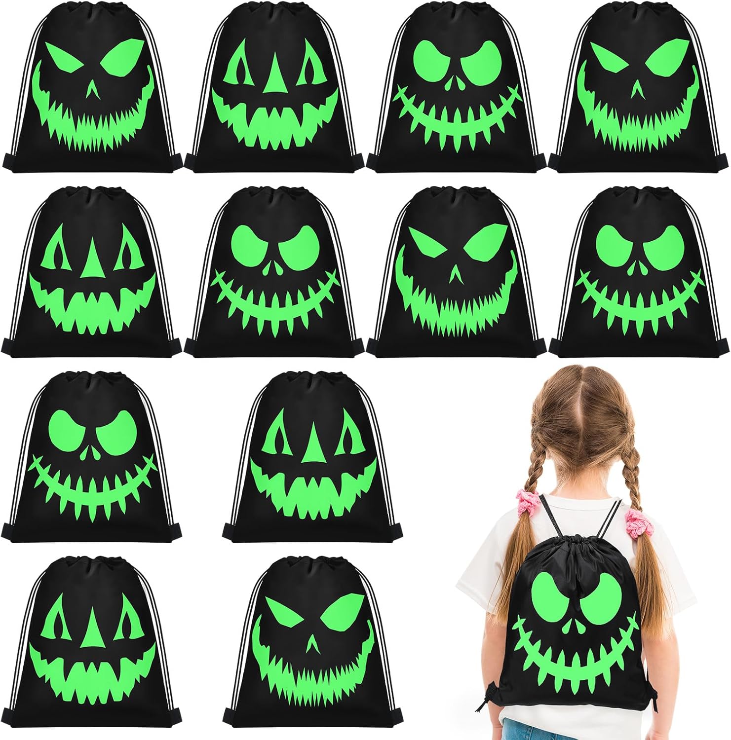 12 Pcs Halloween Glow in the Dark Ghost Bag Luminous Trick or Treat Drawstring Bag Fierce Ghost Bags Reusable Candy Bags for Halloween Party Favors Gift Supplies