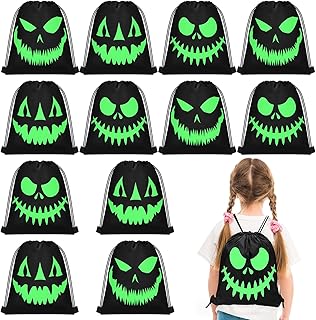 12 Pcs Halloween Glow in the Dark Ghost Bag Luminous Trick or Treat Drawstring Bag Fierce Ghost Bags Reusable Candy Bags for Halloween Party Favors Gift Supplies